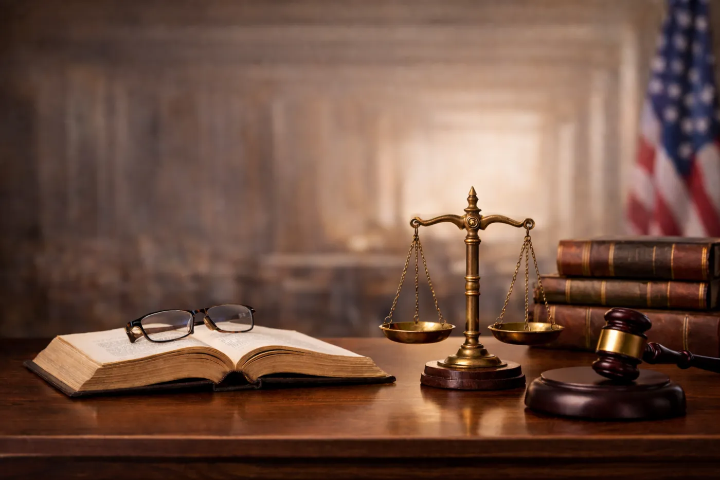 Law books, scales of justice and a gavel on a desk